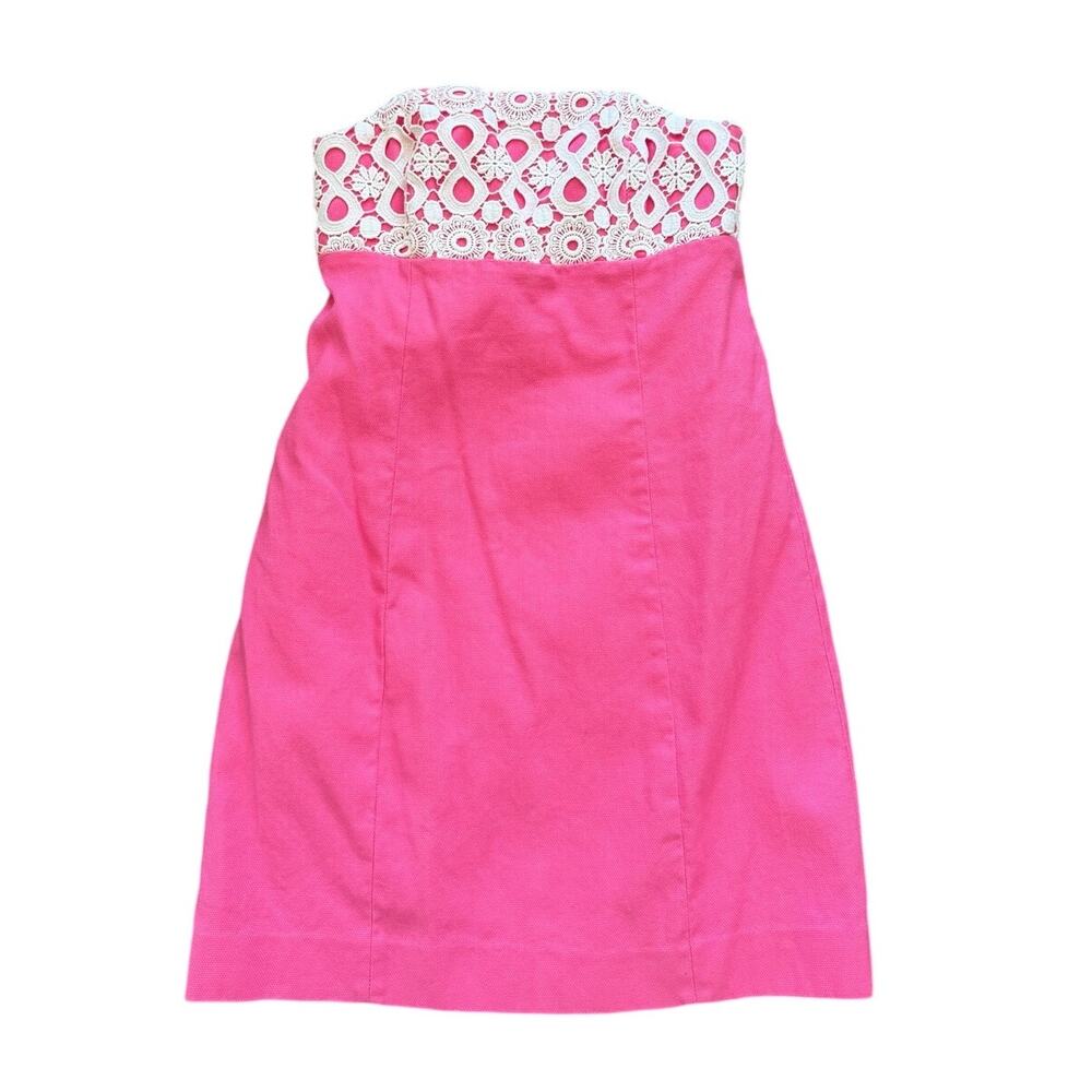 Lilly Pulitzer Textured Pink Cotton & White Lace Strapless Shift Dress Resort